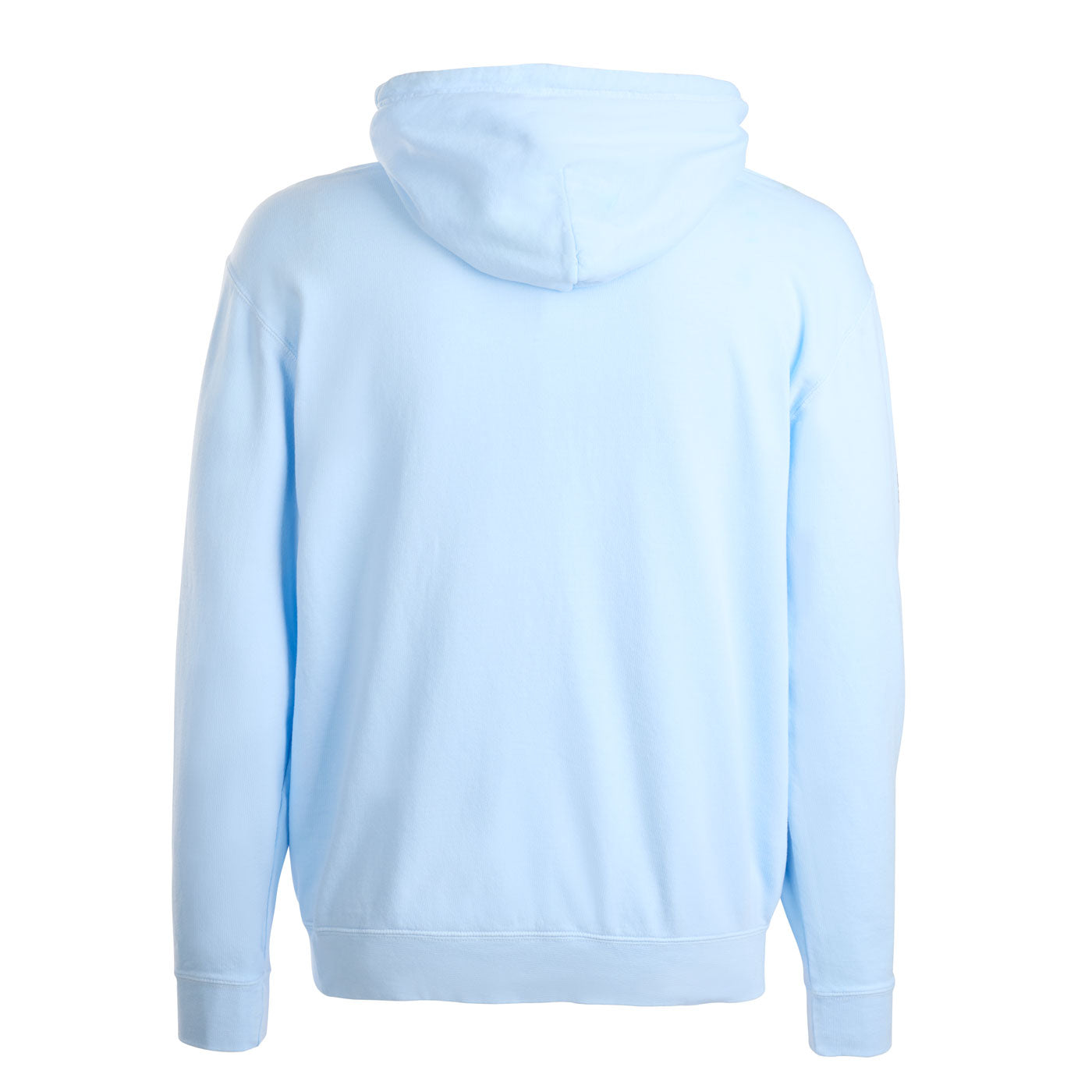 A light blue hooded sweatshirt shown from the back.