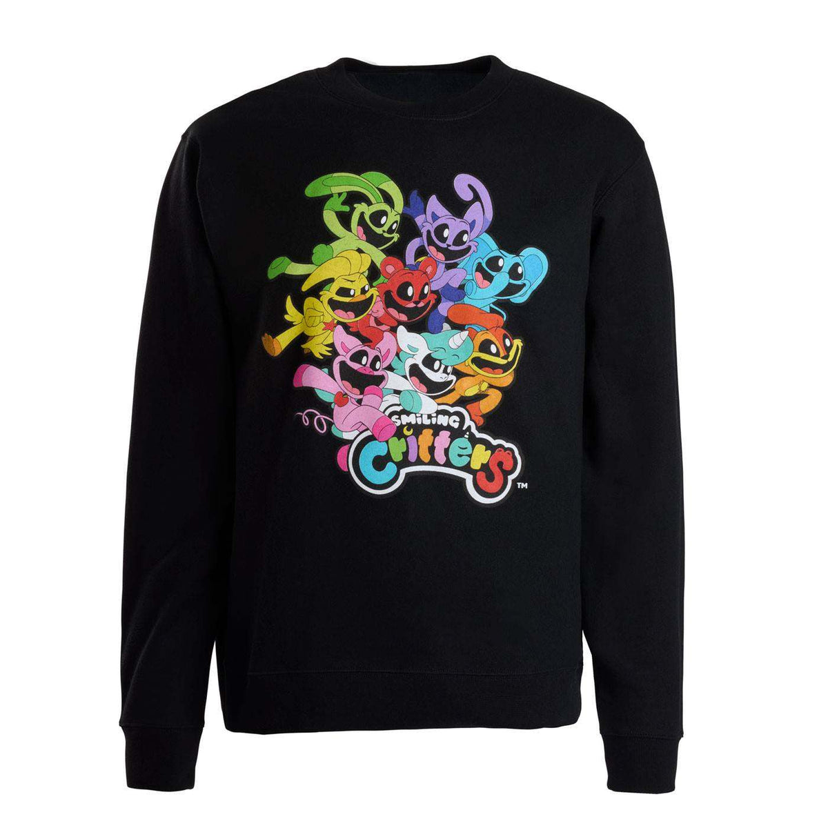 Black sweatshirt with colorful cartoon smiling critters characters and text.