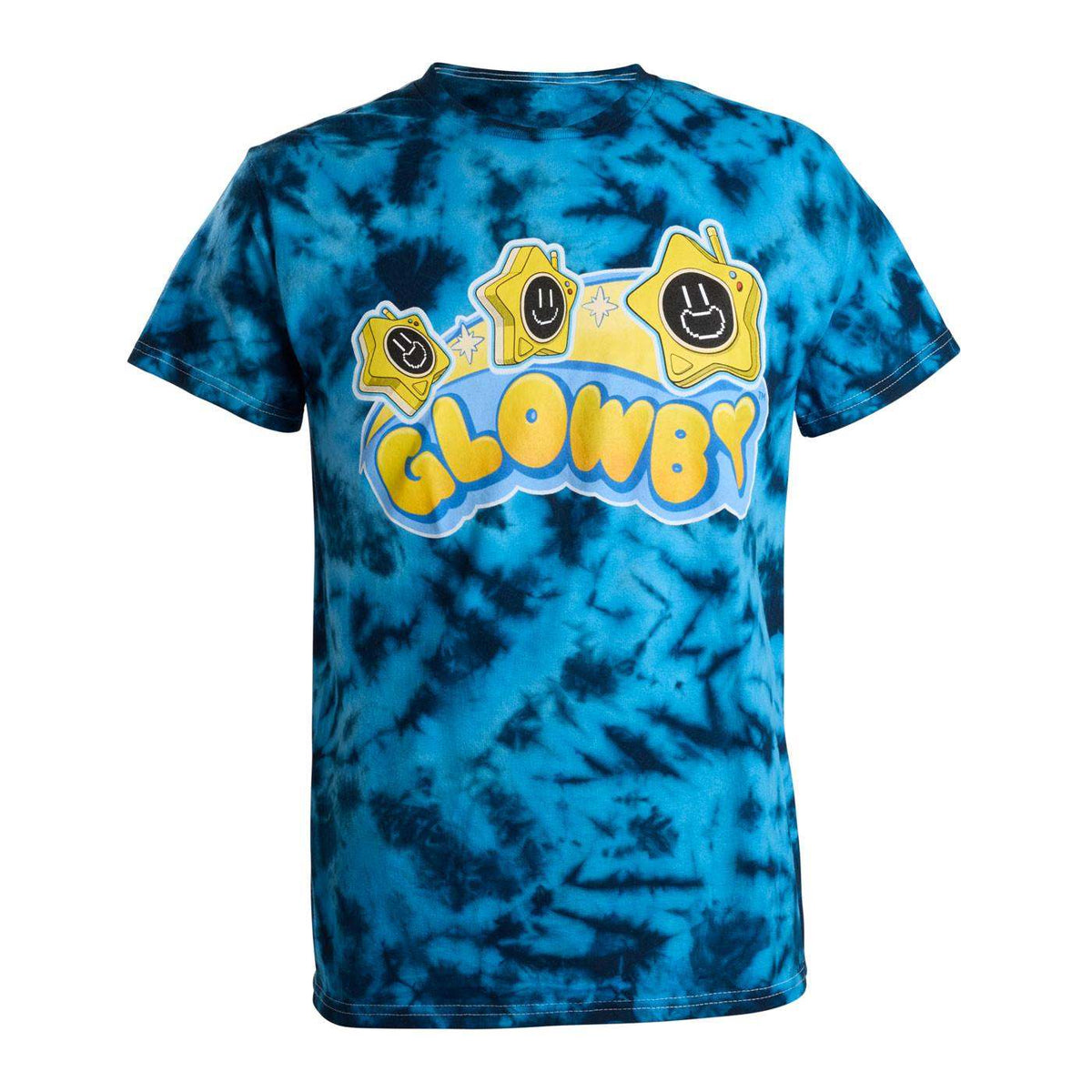 Blue tie-dye t-shirt with a colorful Glowby logo.