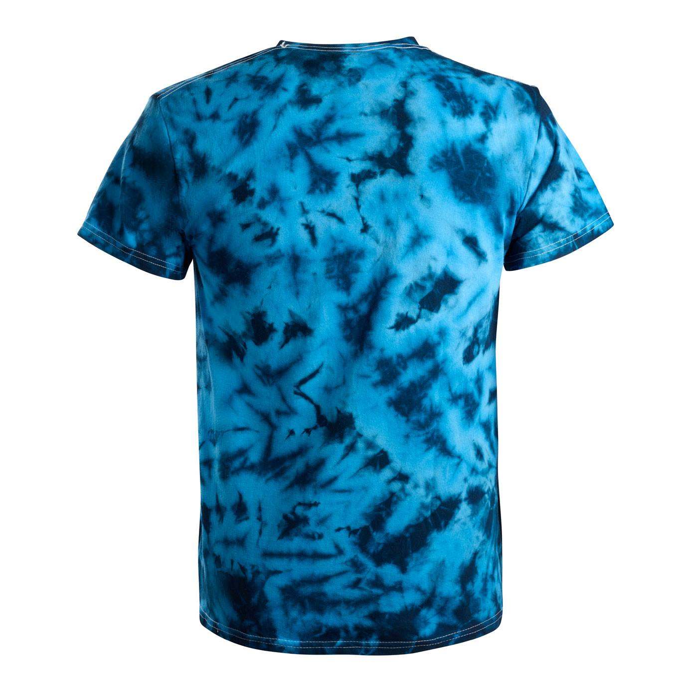 back view of blue tie dyed shirt.