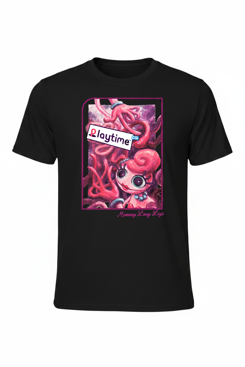 Black short-sleeve shirt with a colorful graphic design featuring Mommy Long Legs.