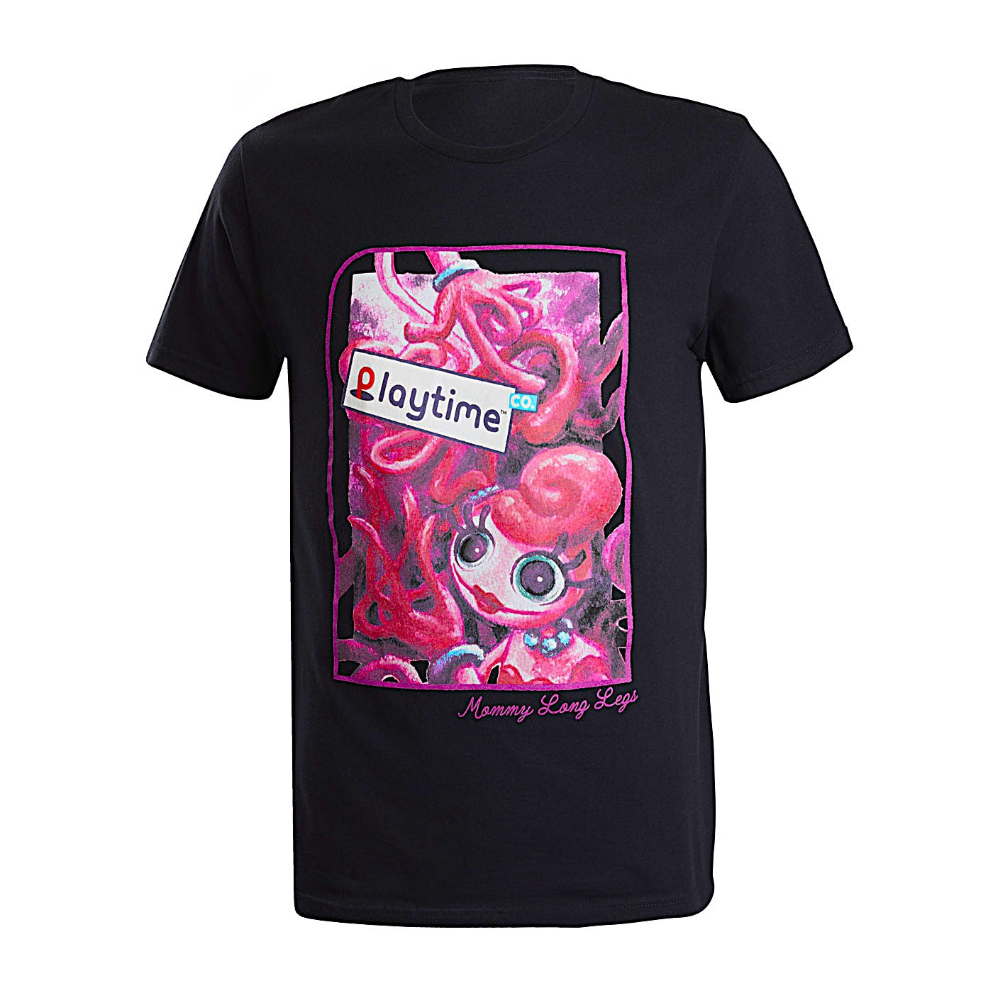 Black short-sleeve shirt with a colorful graphic design featuring Mommy Long Legs.