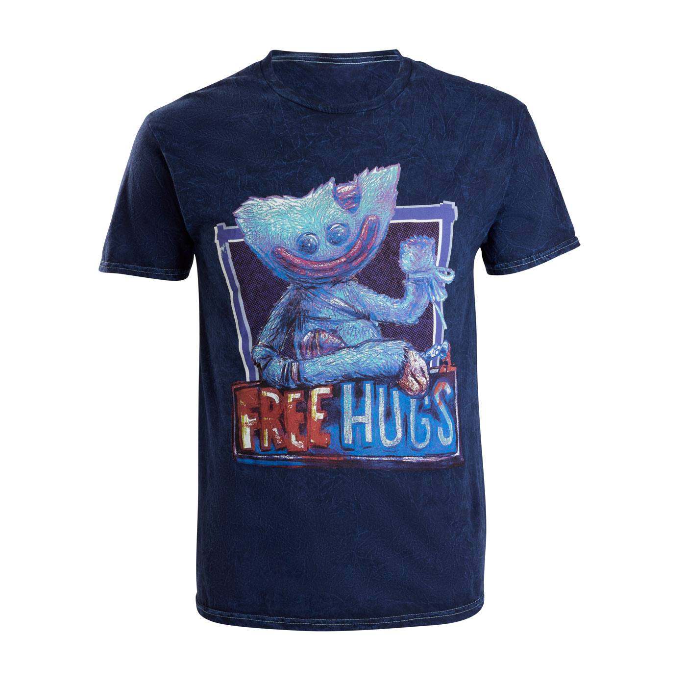 Navy t-shirt with a graphic of Huggy Wuggy character offering 'Free Hugs'.