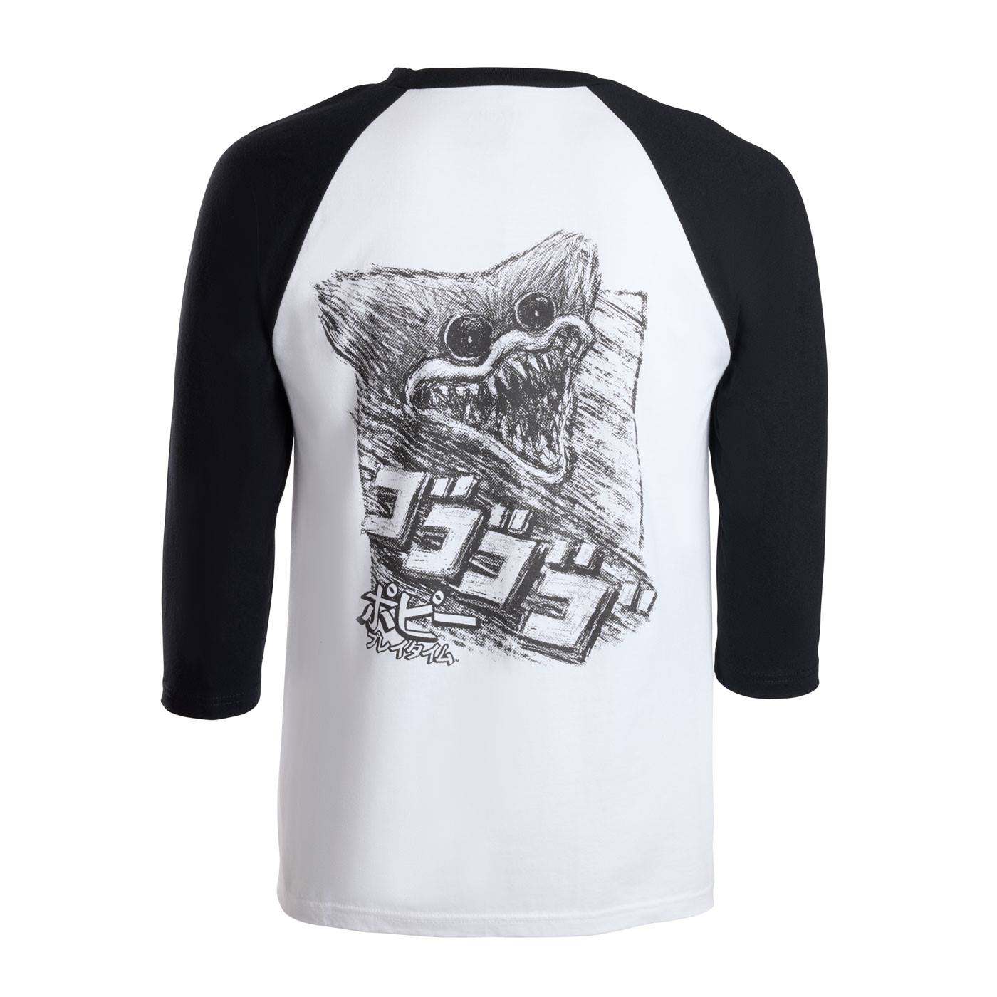 3/4 sleeve shirt with a graphic design of angry huggy wuggy with japenese text characters.