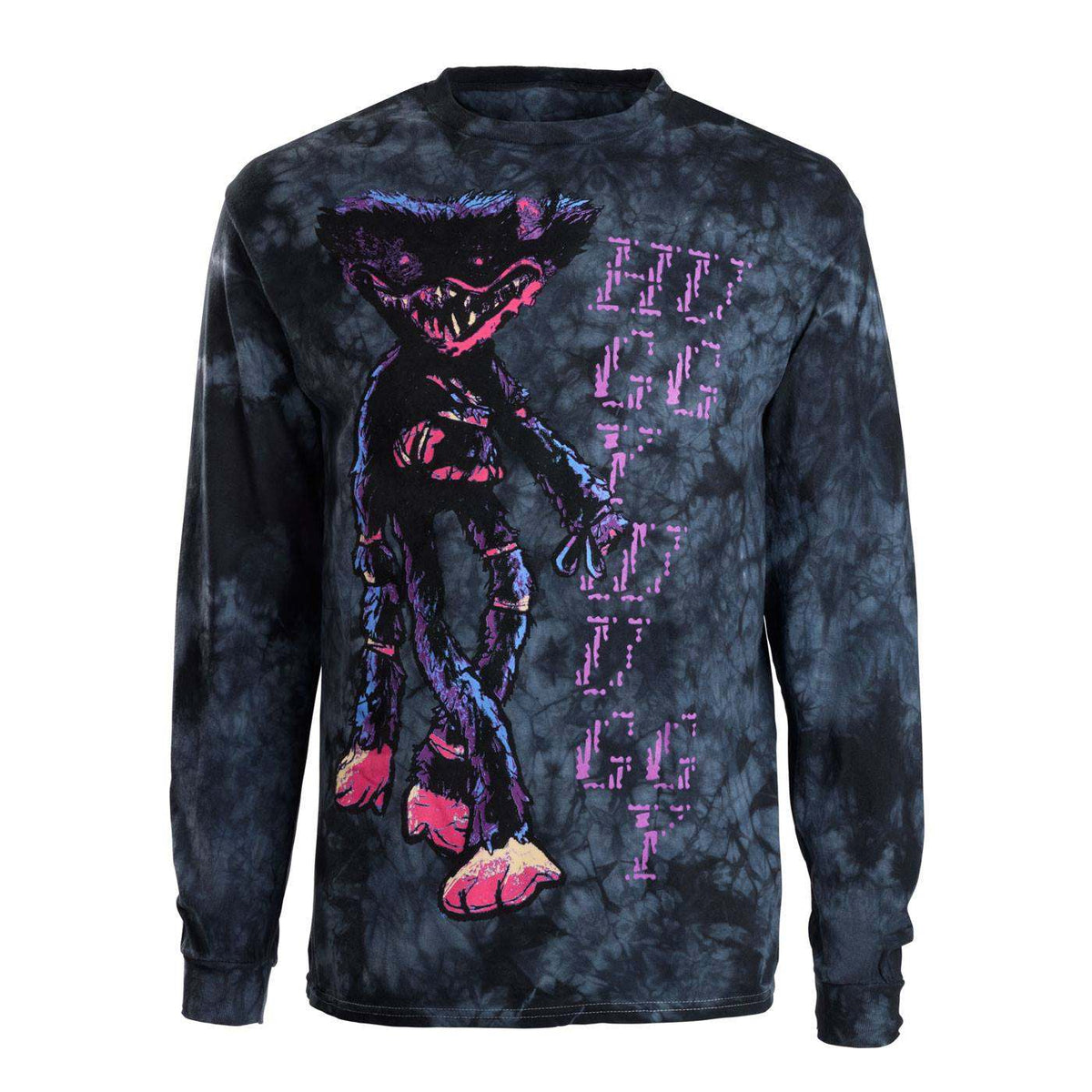 Black tie-dye long-sleeve shirt with a huggy wuggy graphic and text HUGGY WUGGY.