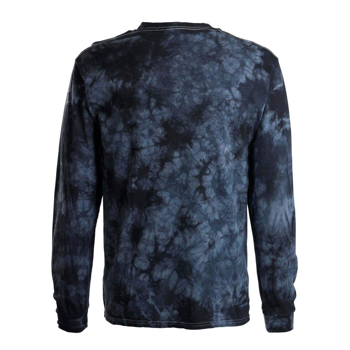 back view of a dark blue tie dye long sleeve shirt.