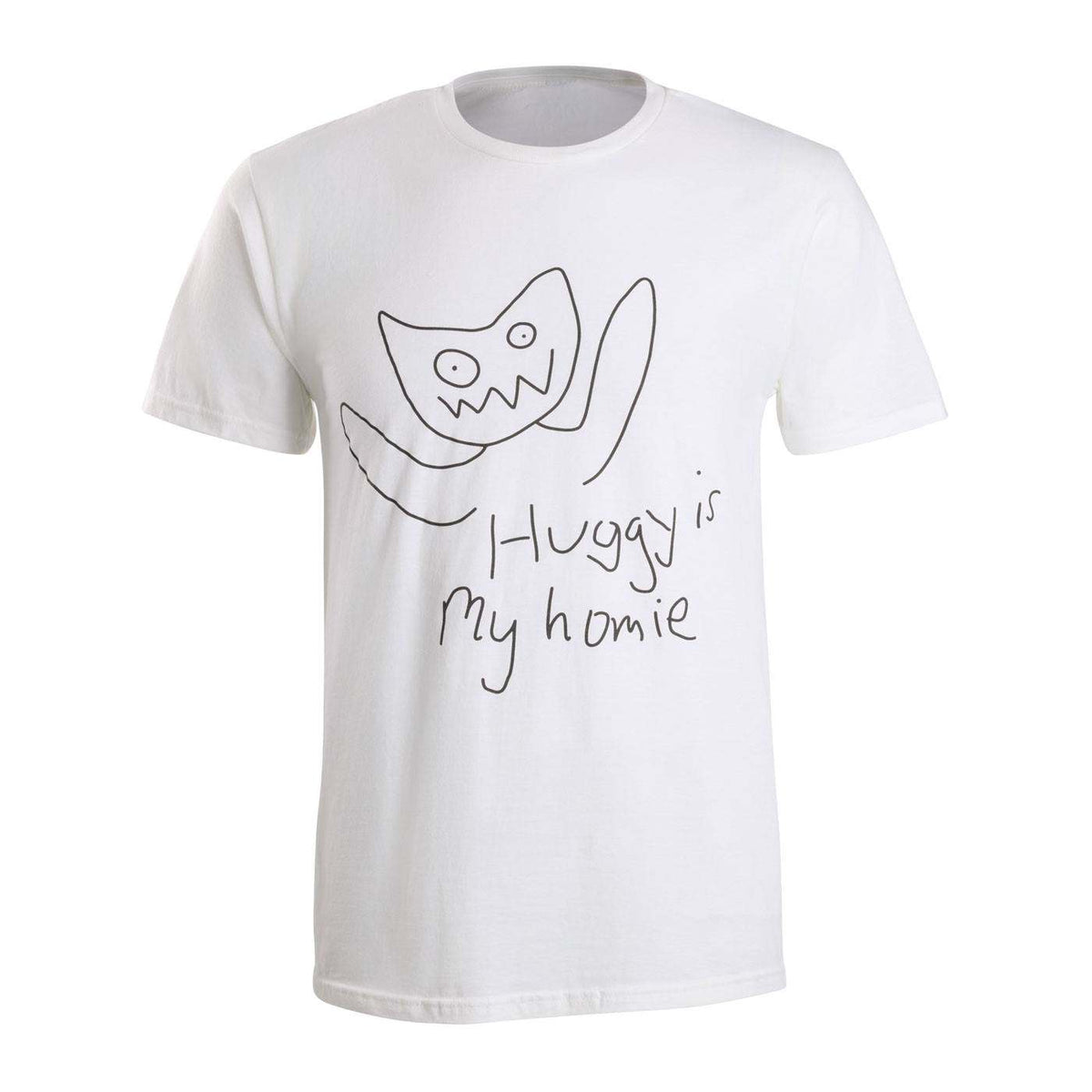 White t-shirt with a black outline of a cartoon huggy wuggy character and text 'Huggy is my homie'.