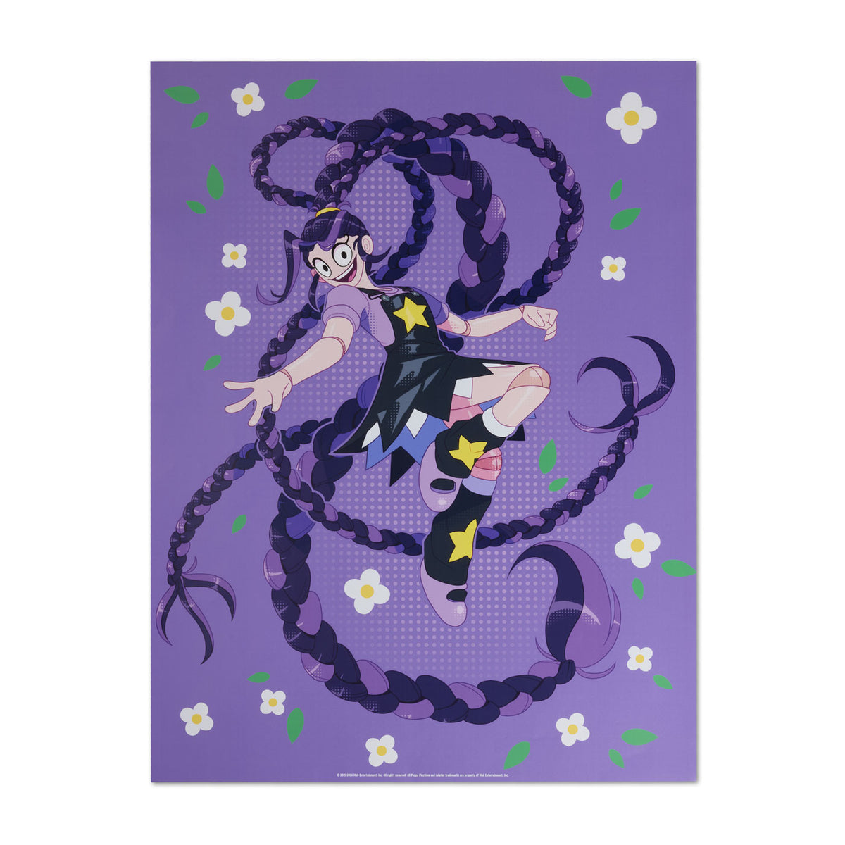A framed art print featuring Lily Lovebraids with very long dark purple braids, wearing a black dress with yellow star accents, set against a purple background with small white flowers.