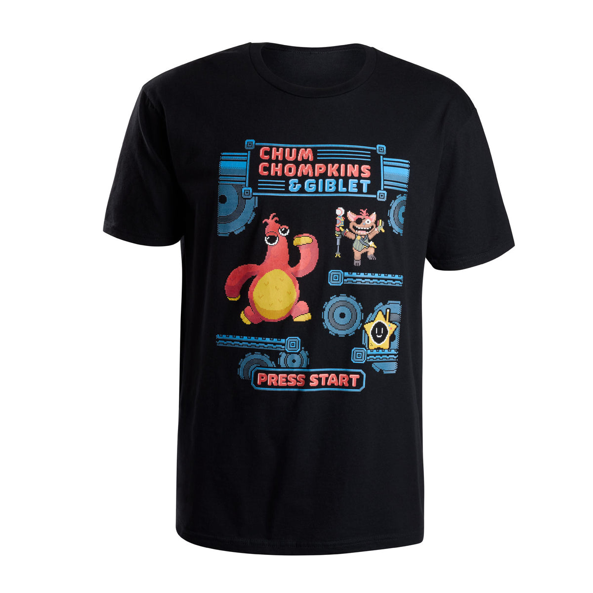 A black short-sleeve t-shirt featuring a retro video game-style graphic with the text 'CHUM CHOMPINS & GIBLET' and 'PRESS START' in red, along with pixel-art Chum Chompkins, Giblet , and Glowby and blue mechanical details.