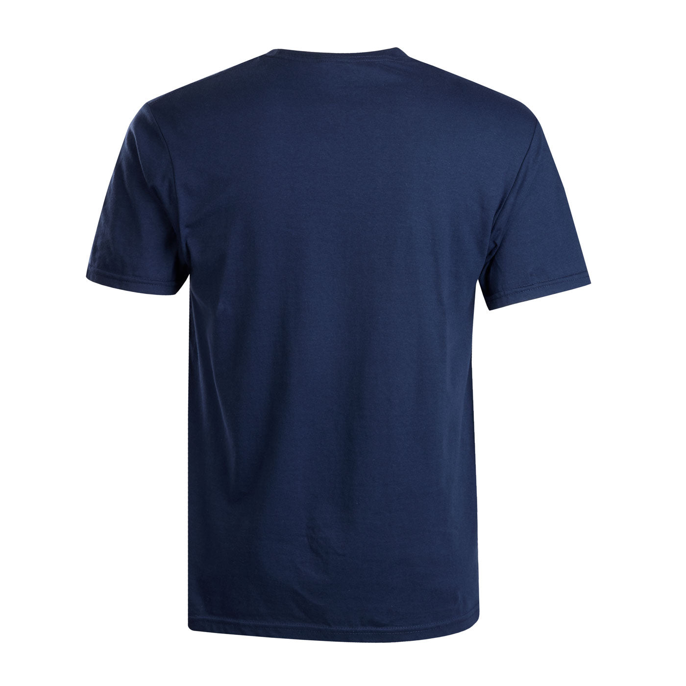 A navy blue short-sleeve crewneck t-shirt shown from the back.