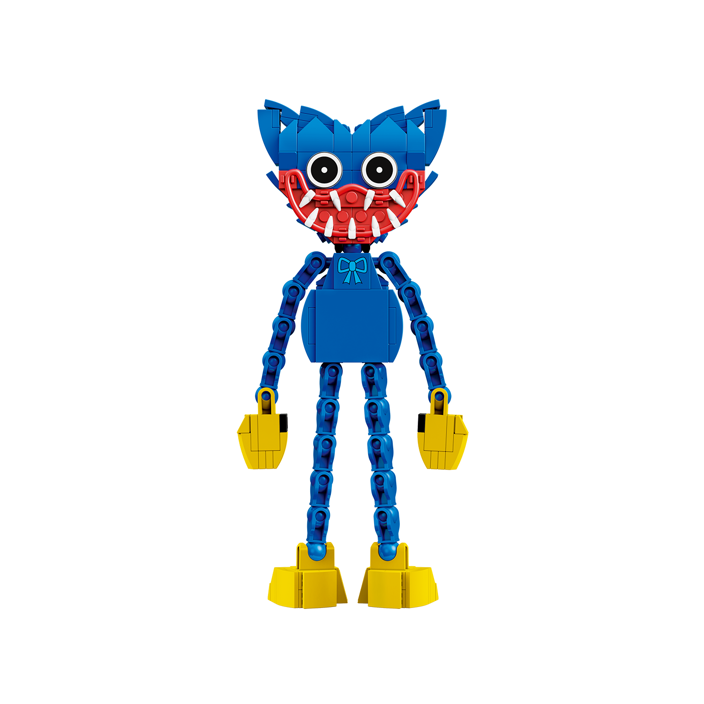 A toy figure resembling Huggy Wuggy, built from interlocking blocks, featuring a blue body, red segmented arms and mouth, yellow hands and feet, and large round eyes.