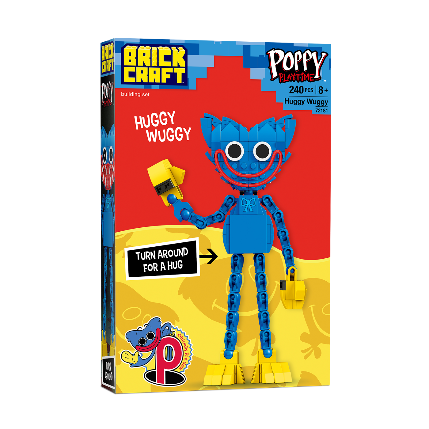 Brick Craft Poppy Playtime Huggy Wuggy building set in its original retail packaging, featuring a blue and yellow toy figure on the front of the box.