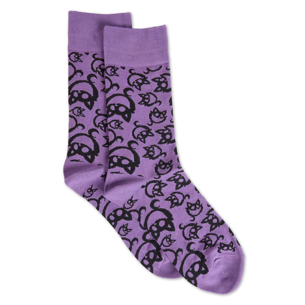Pair of purple CatNap socks covered in repeating black character faces and patterns.