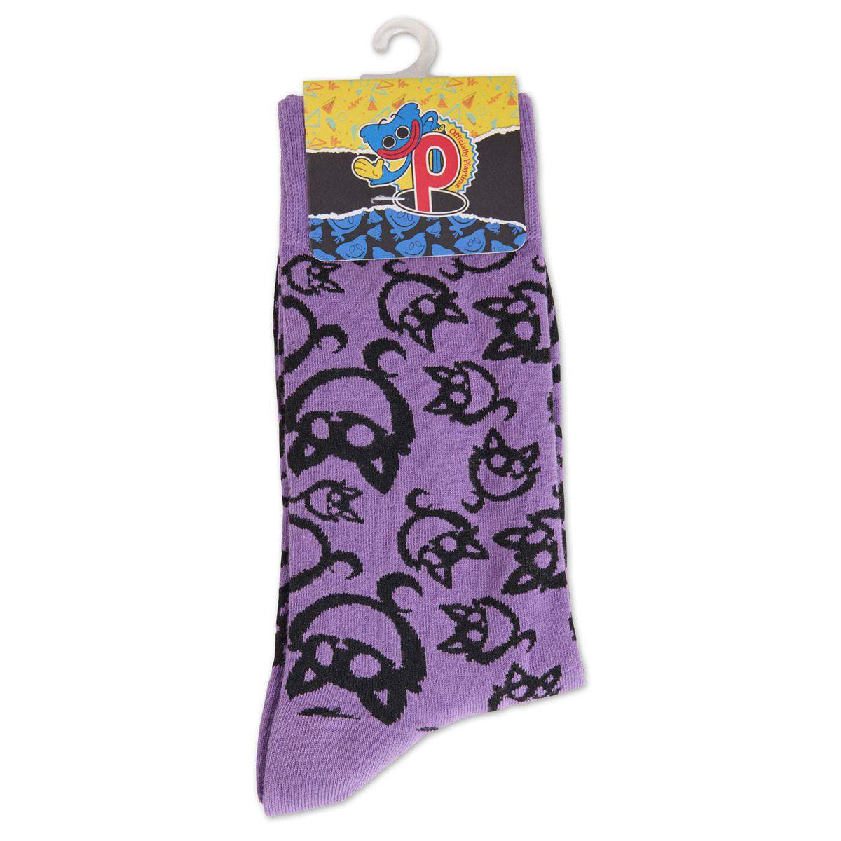 Purple CatNap patterned sock displayed with colorful Poppy Playtime packaging.