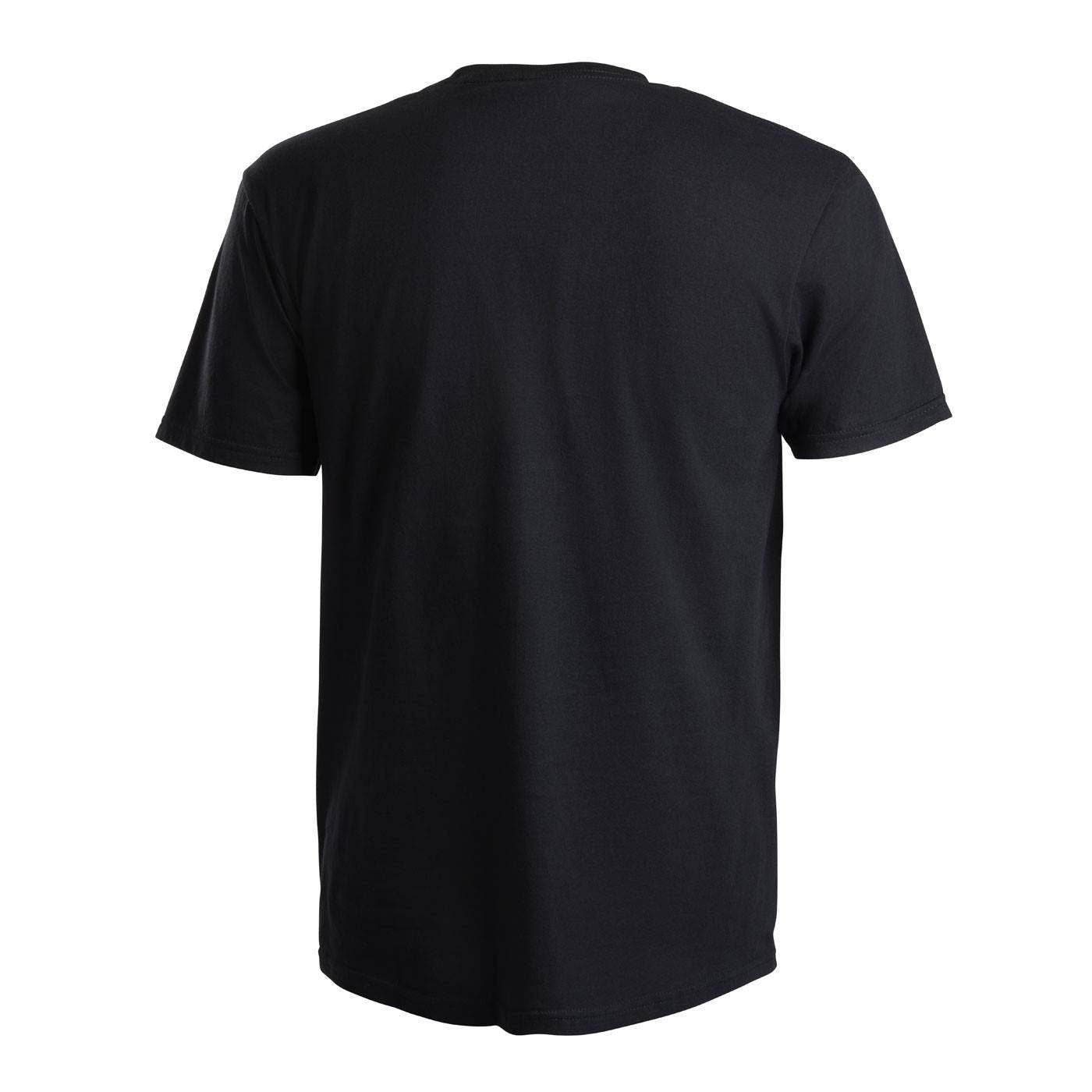 A black short-sleeve crewneck t-shirt shown from the back.