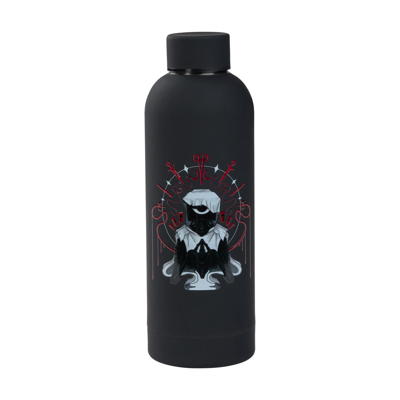 Black water bottle with a doctor character printed in the center.