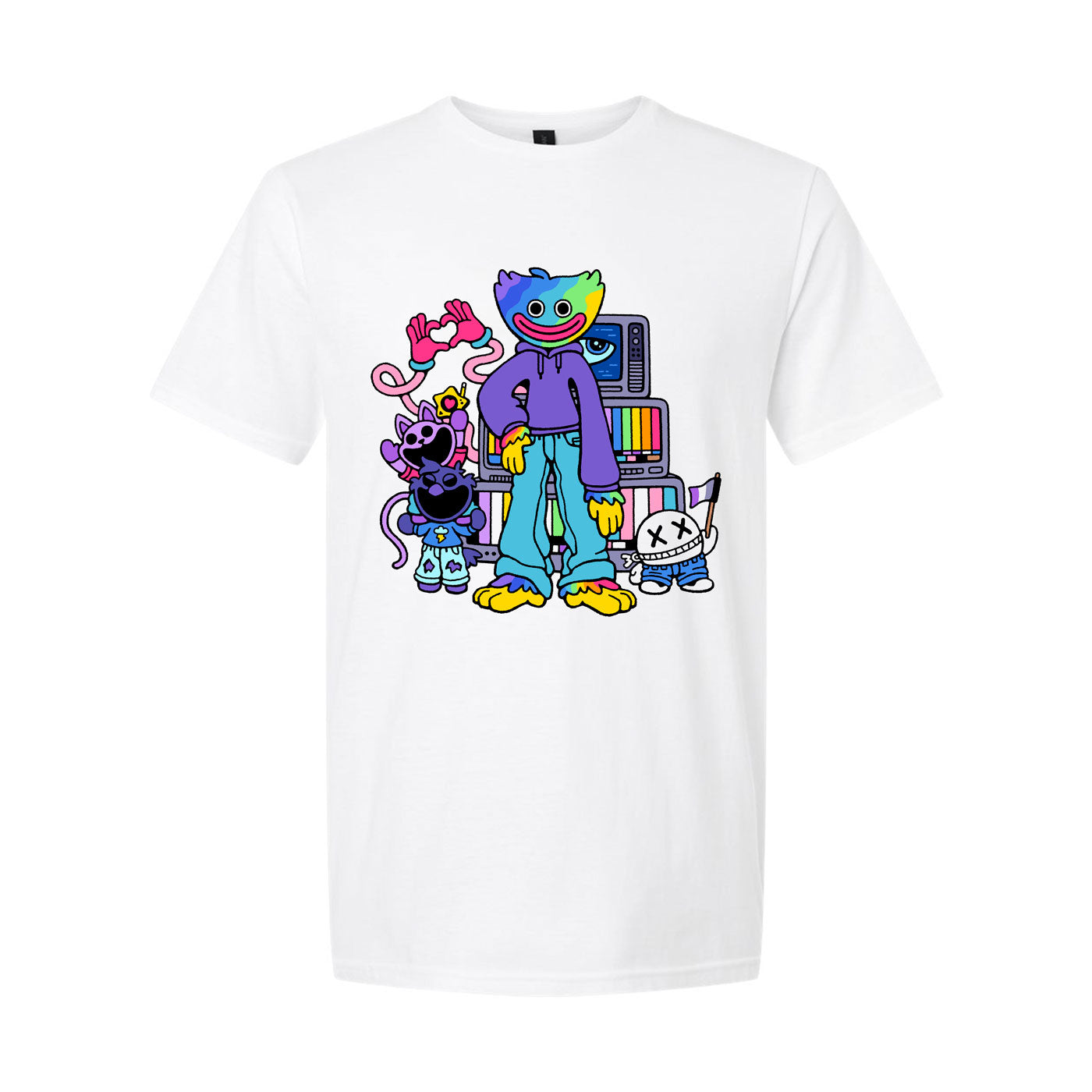 White t-shirt with rainbow huggy wuggy, the doctor, blanky balnkz, mommy long legs, and 2 smiling critters.
