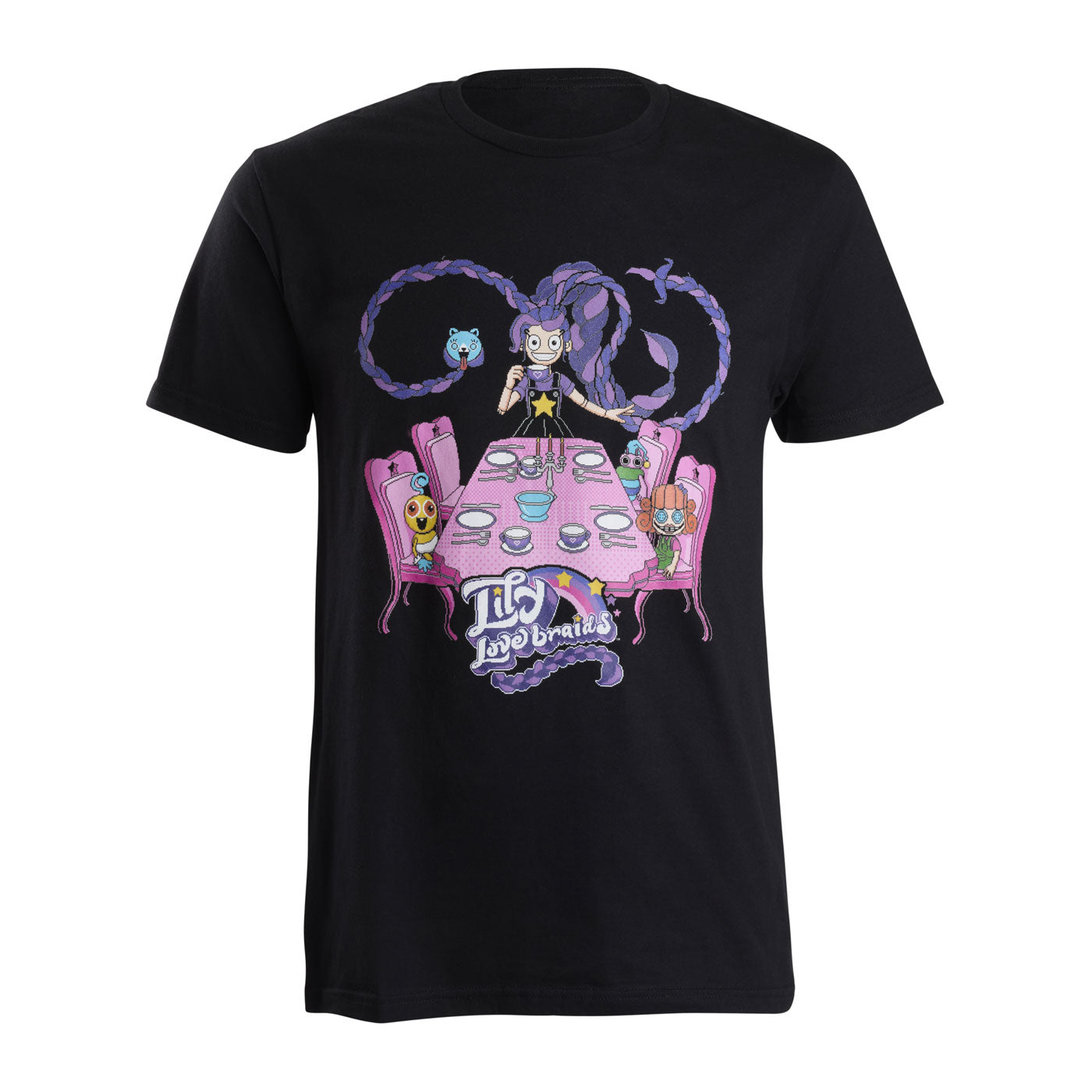 A black short-sleeve crewneck t-shirt featuring a colorful graphic print of Lily Lovebraids sitting at a pink table with four other creatures.