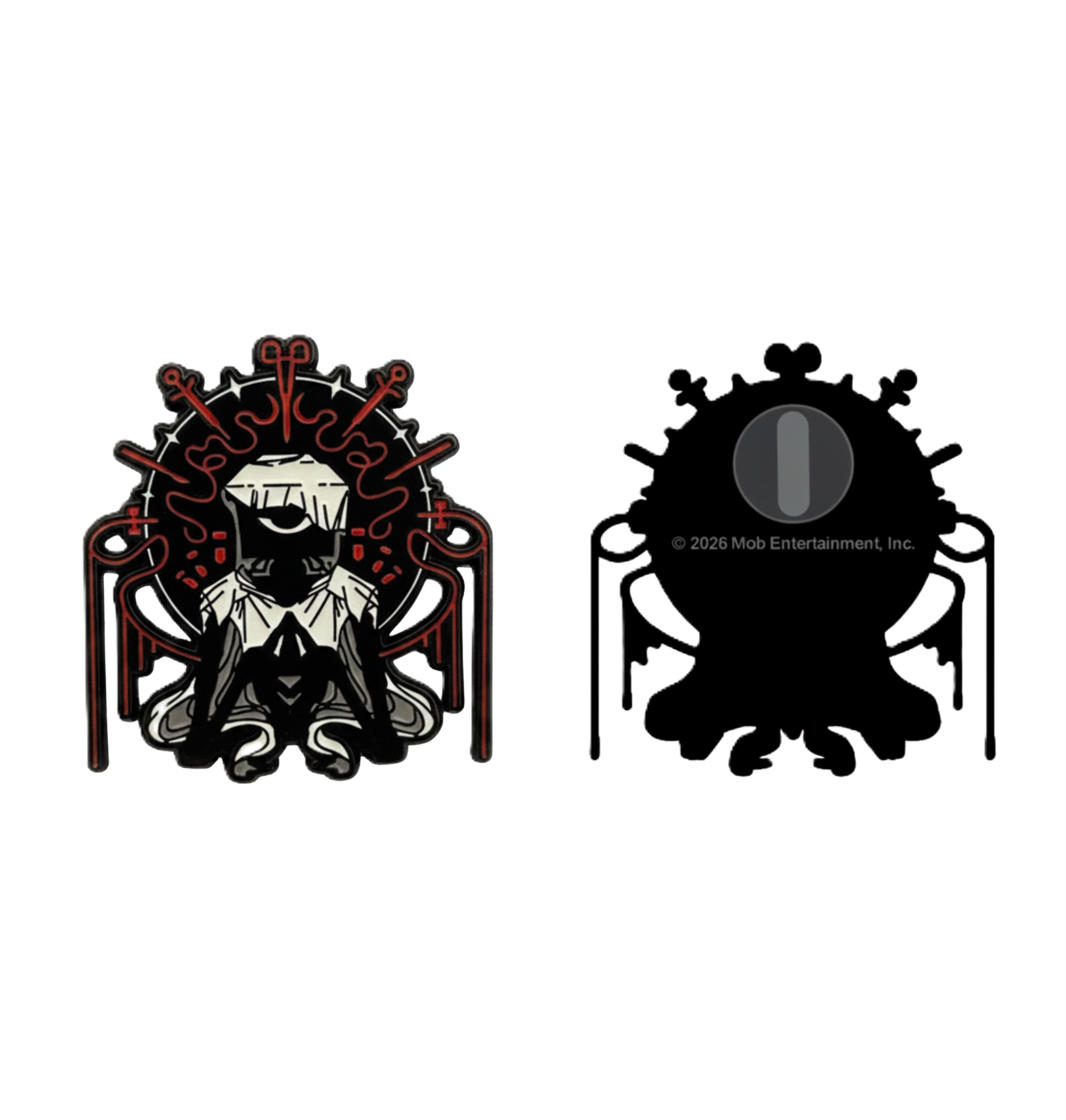 Front and back view of The Doctor Enamel Pin with surgical tools around him with rubber pin backing.