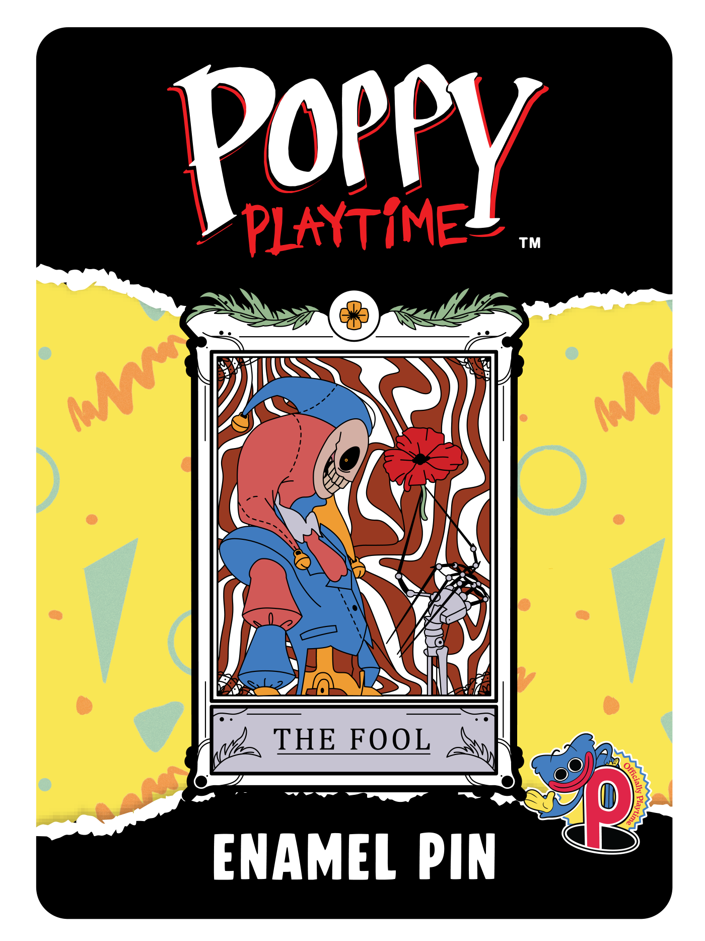 Poppy Playtime enamel pin featuring 'The Fool' tarot card design. The pin card have 'Poppy Playtime' logo at the top, and 'ENAMEL PIN' at the bottom.