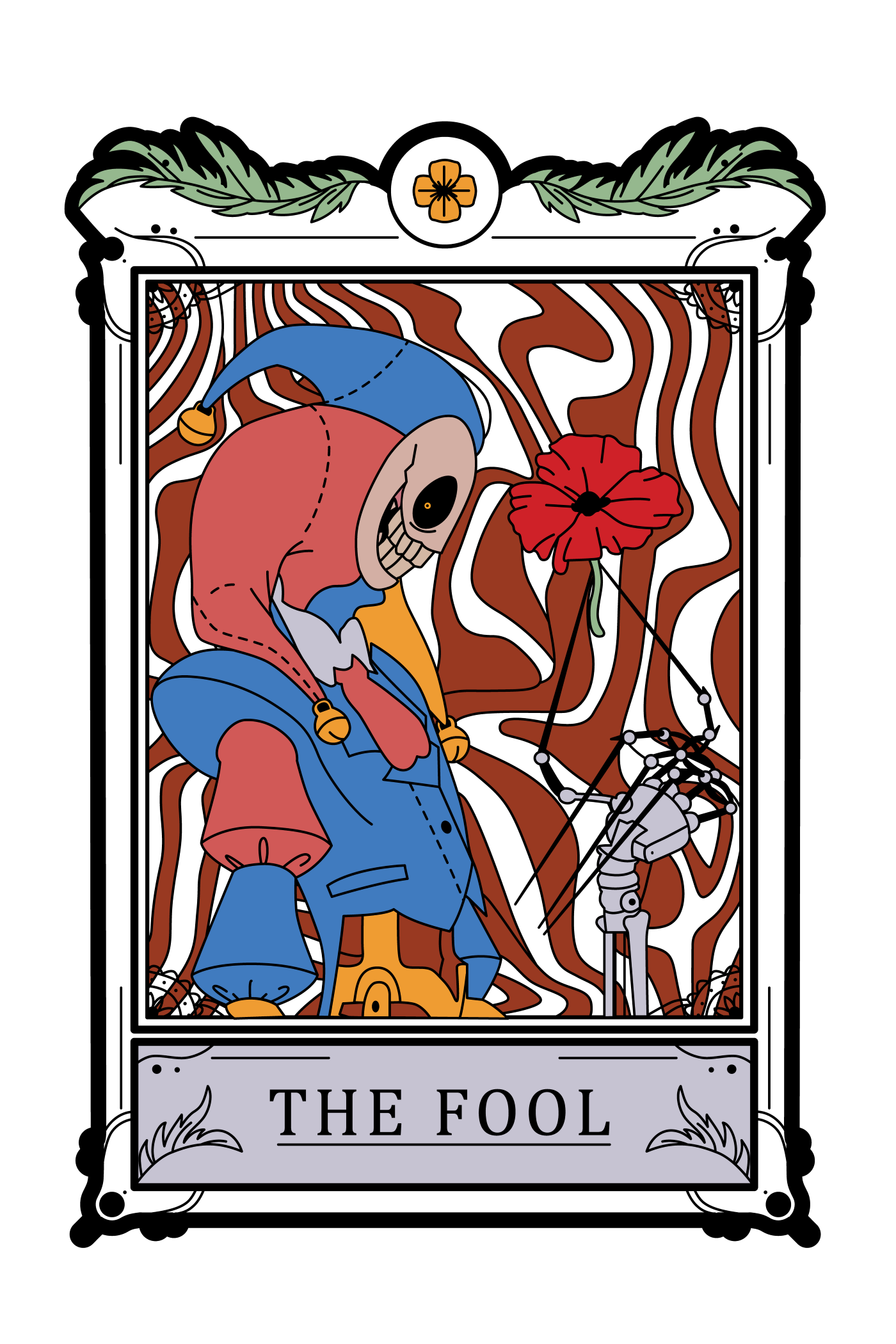 Close up look of The Prototype Pin with Prototype in side view while holding a flower and 'THE FOOL' text at the bottom.