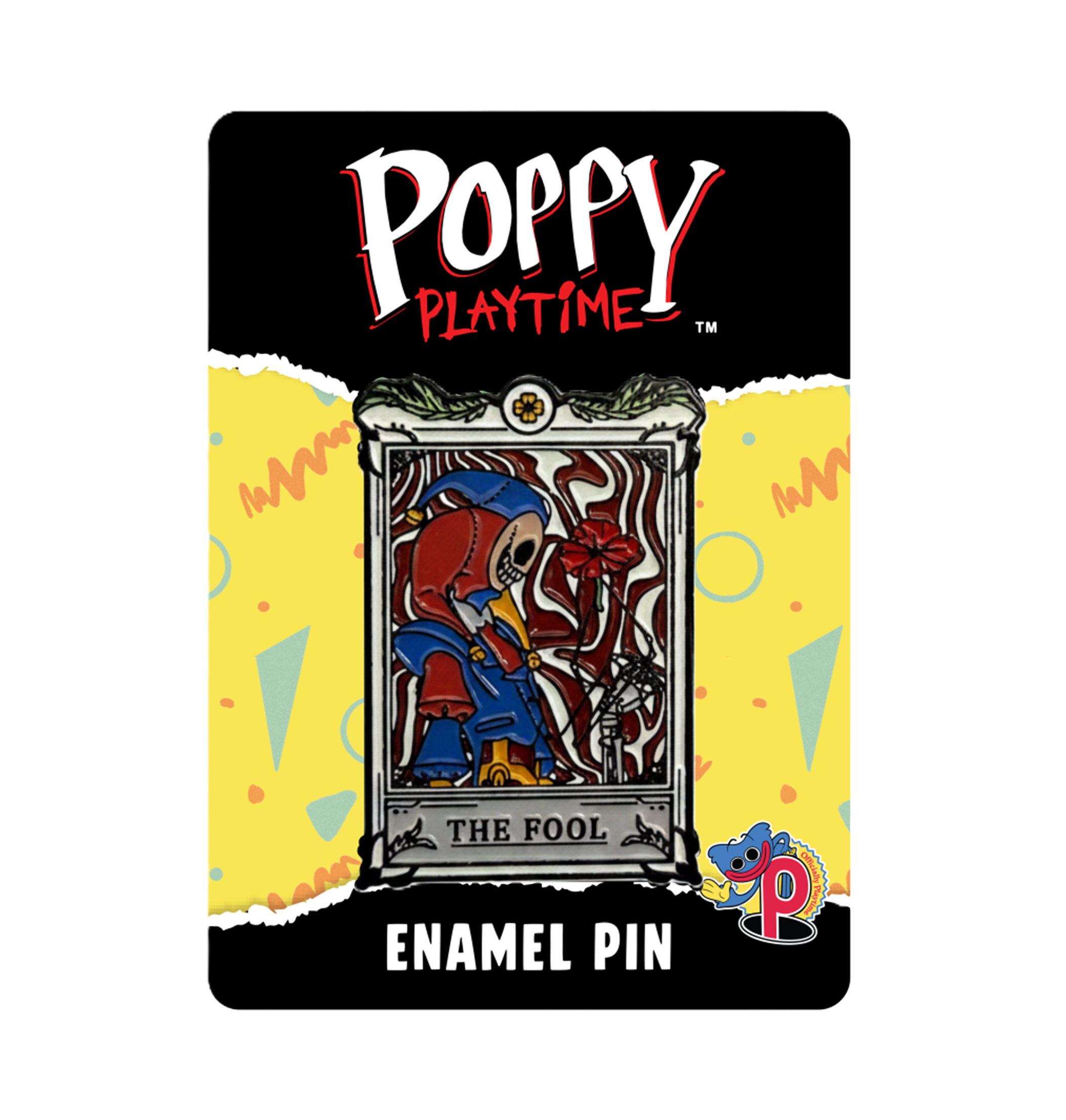 Poppy Playtime enamel pin featuring 'The Fool' tarot card design. The pin card have 'Poppy Playtime' logo at the top, and 'ENAMEL PIN' at the bottom.