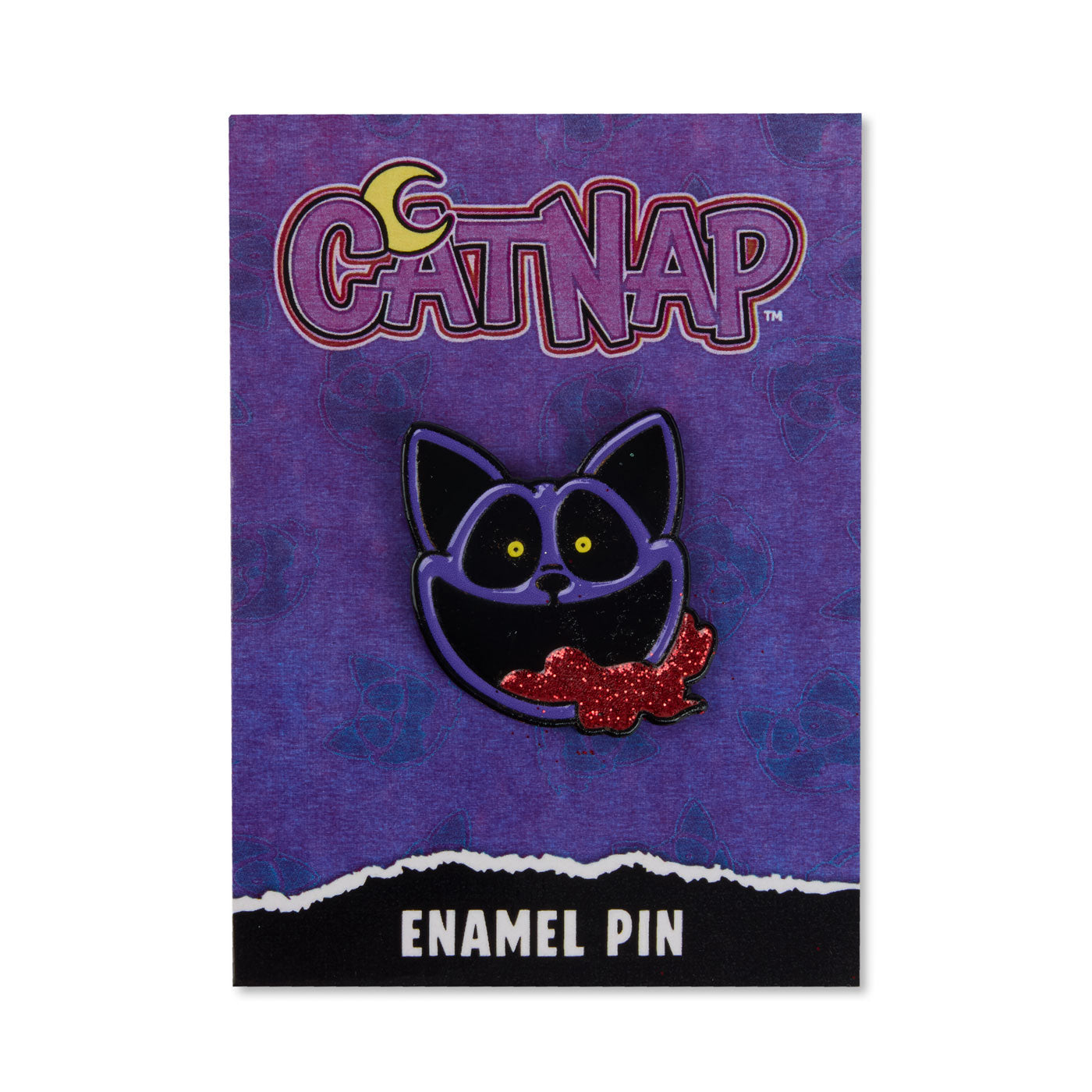 A CatNap enamel pin featuring a purple cat face with yellow eyes and a red glittery tongue, mounted on a purple branded backing card with the CatNap logo and the words 'ENAMEL PIN' at the bottom.