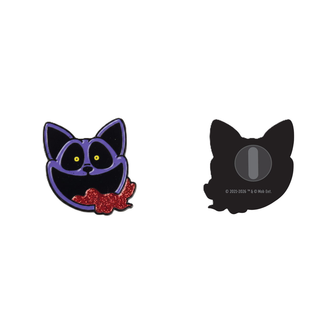A CatNap enamel pin featuring a purple cat face with yellow eyes and a red glittery tongue. With rubber pin backing.