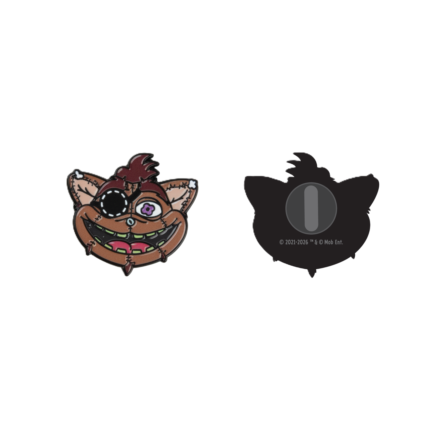 A brown Giblet face with one patched eye with rubber pin backing.