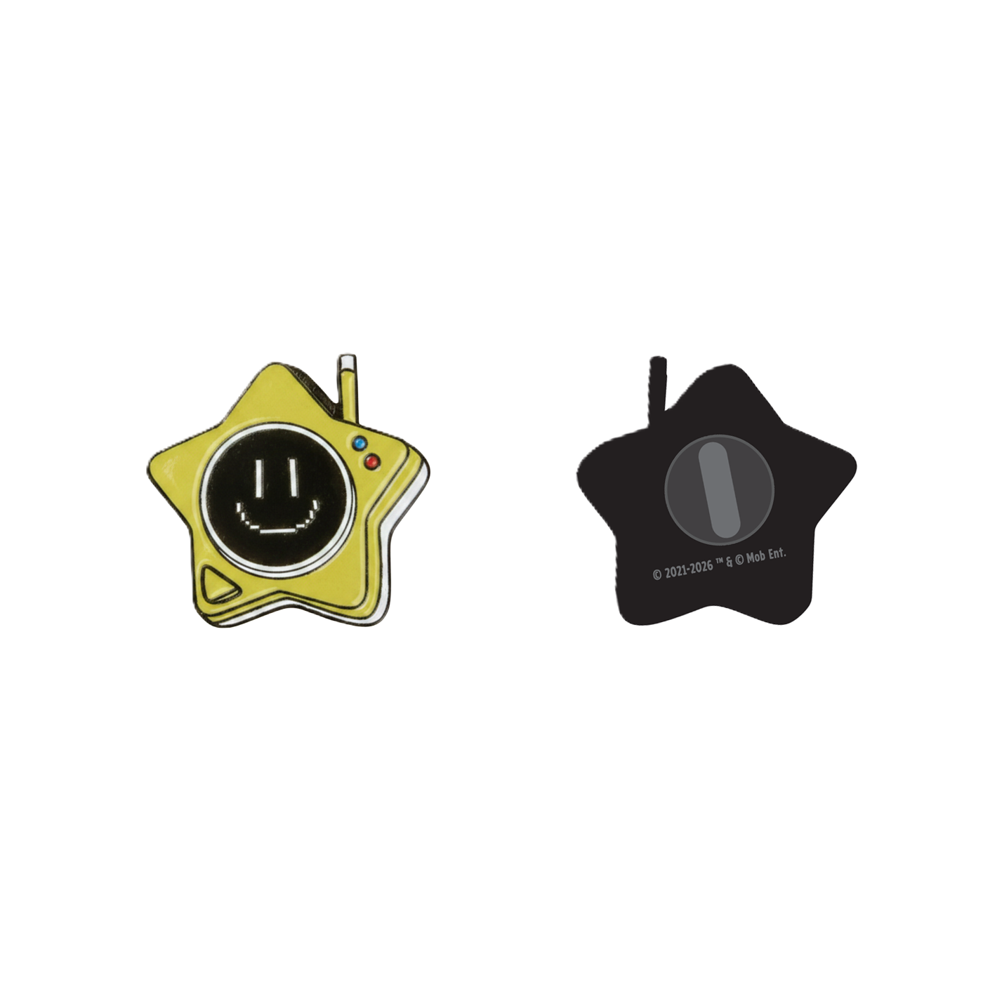 A yellow Glowby enamel pin card featuring a star-shaped pin with a black smiley face. With rubber pin backing.