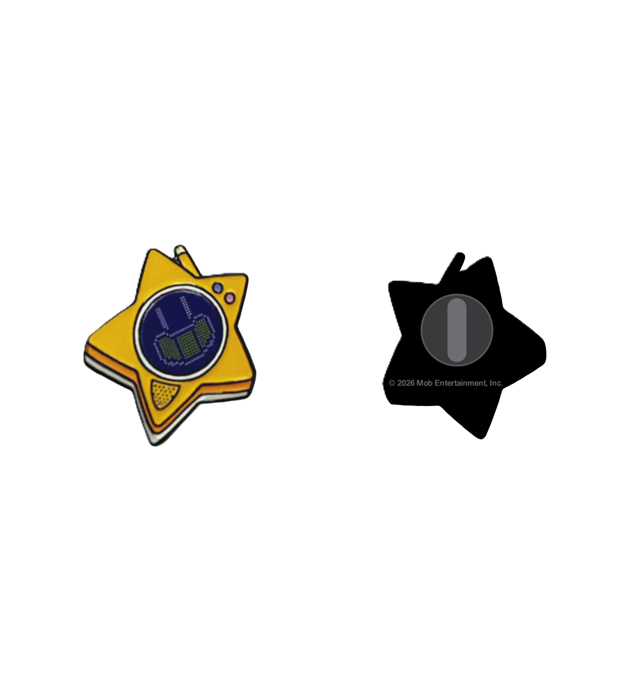 Glowby enamel pin a stylized star-shaped handheld electronic toy or game device with a yellow body, a blue circular screen area, and small colored buttons. With rubber pin backing.