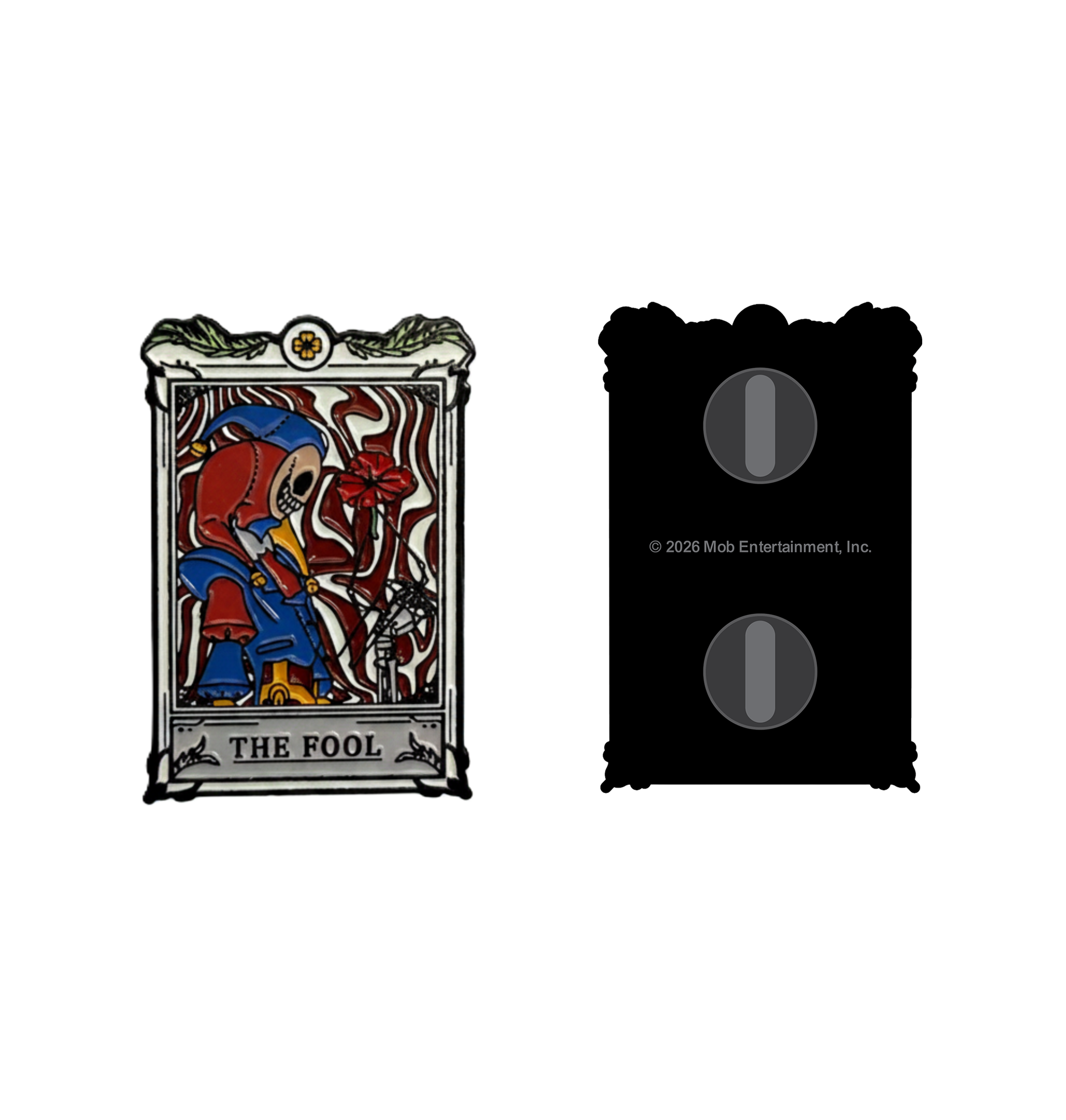 Front and back view of The Prototype Pin with Prototype in side view while holding a flower and 'THE FOOL' text at the bottom.