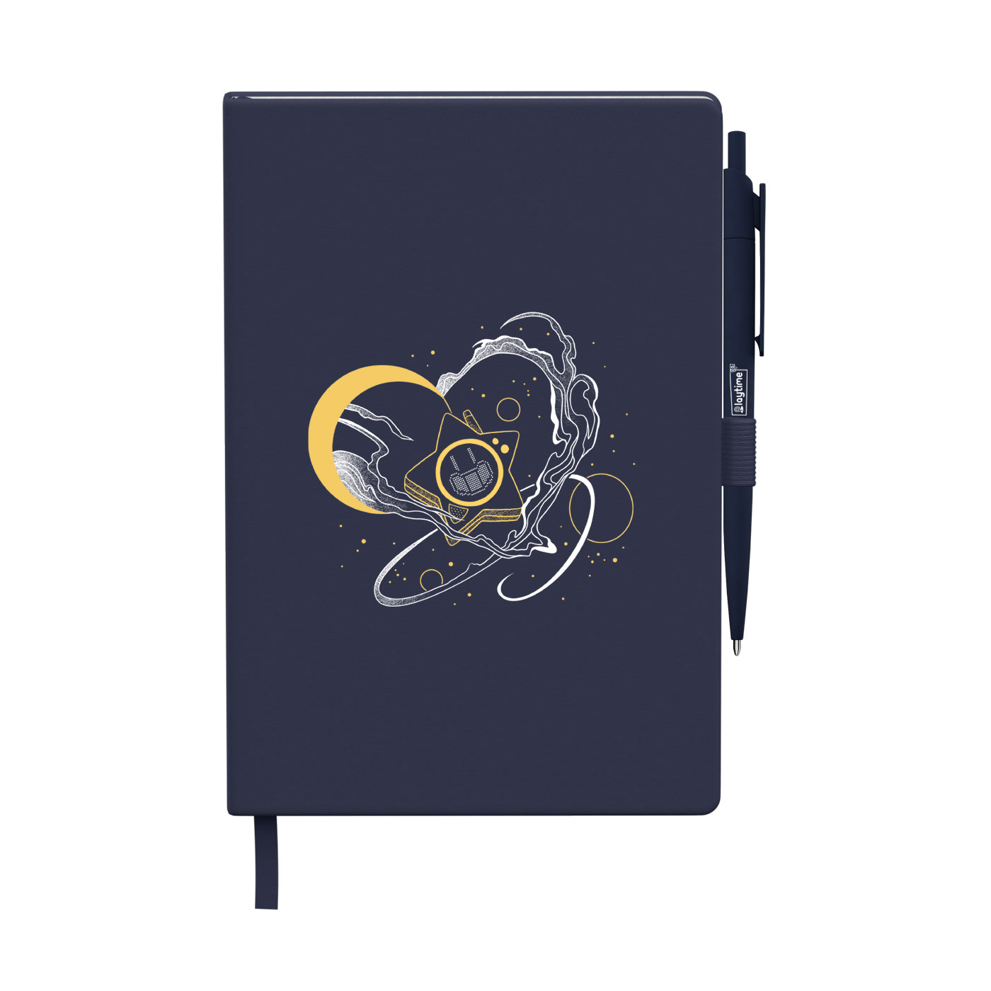 Navy blue journal with attached pen featuring a minimal illustration of Glowby, a small glowing character floating with swirling lines, stars, and a crescent moon in soft yellow tones.