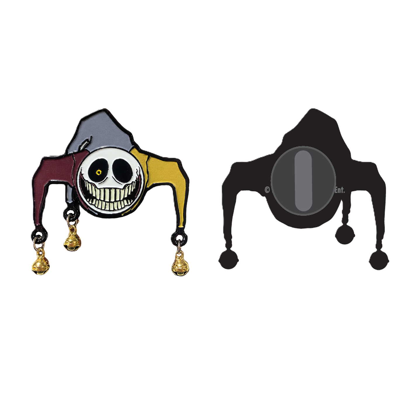 A Prototype-themed enamel pin featuring a stylized clown face with dangling gold bells